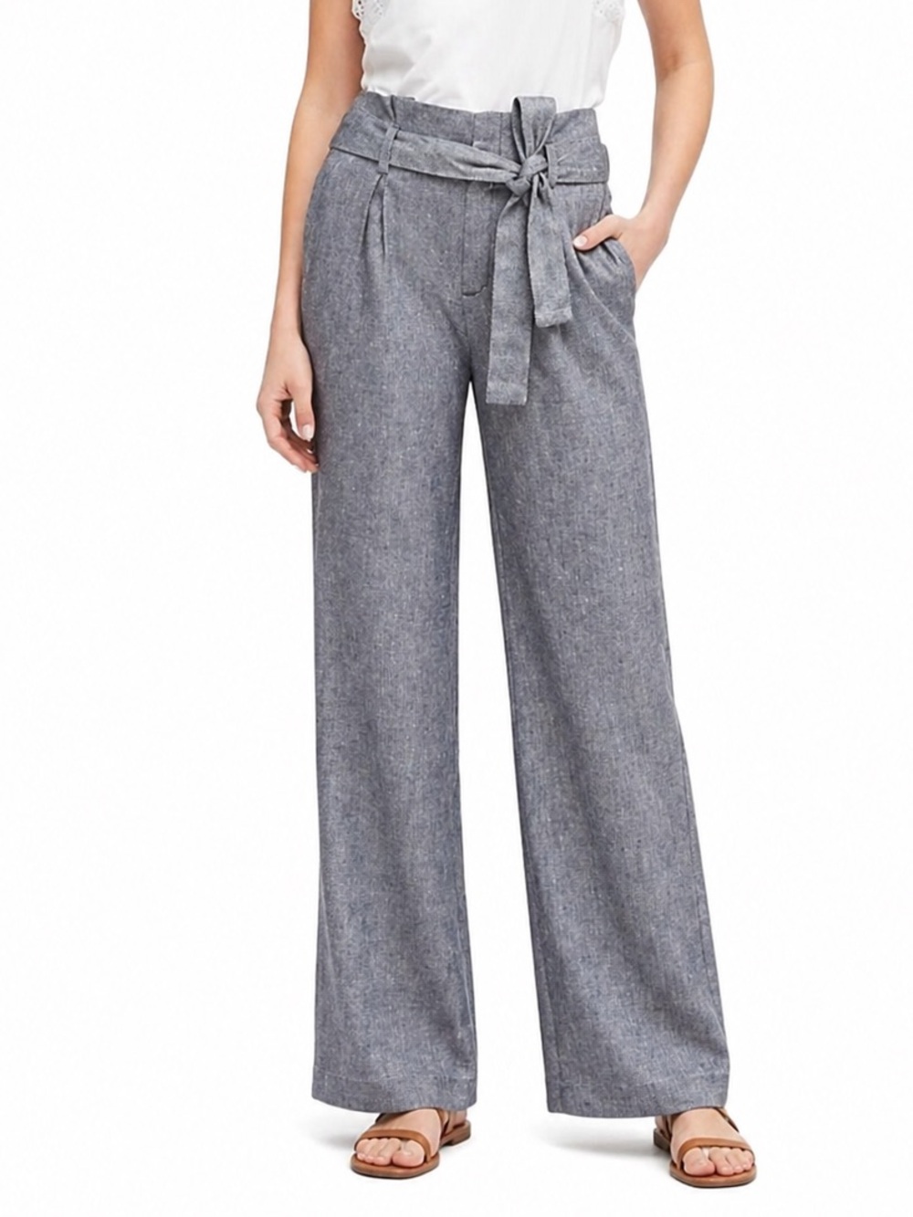 Banana Republic High Waist Linen Blend Tie Waist Wide Leg Trouser Pants Navy 6